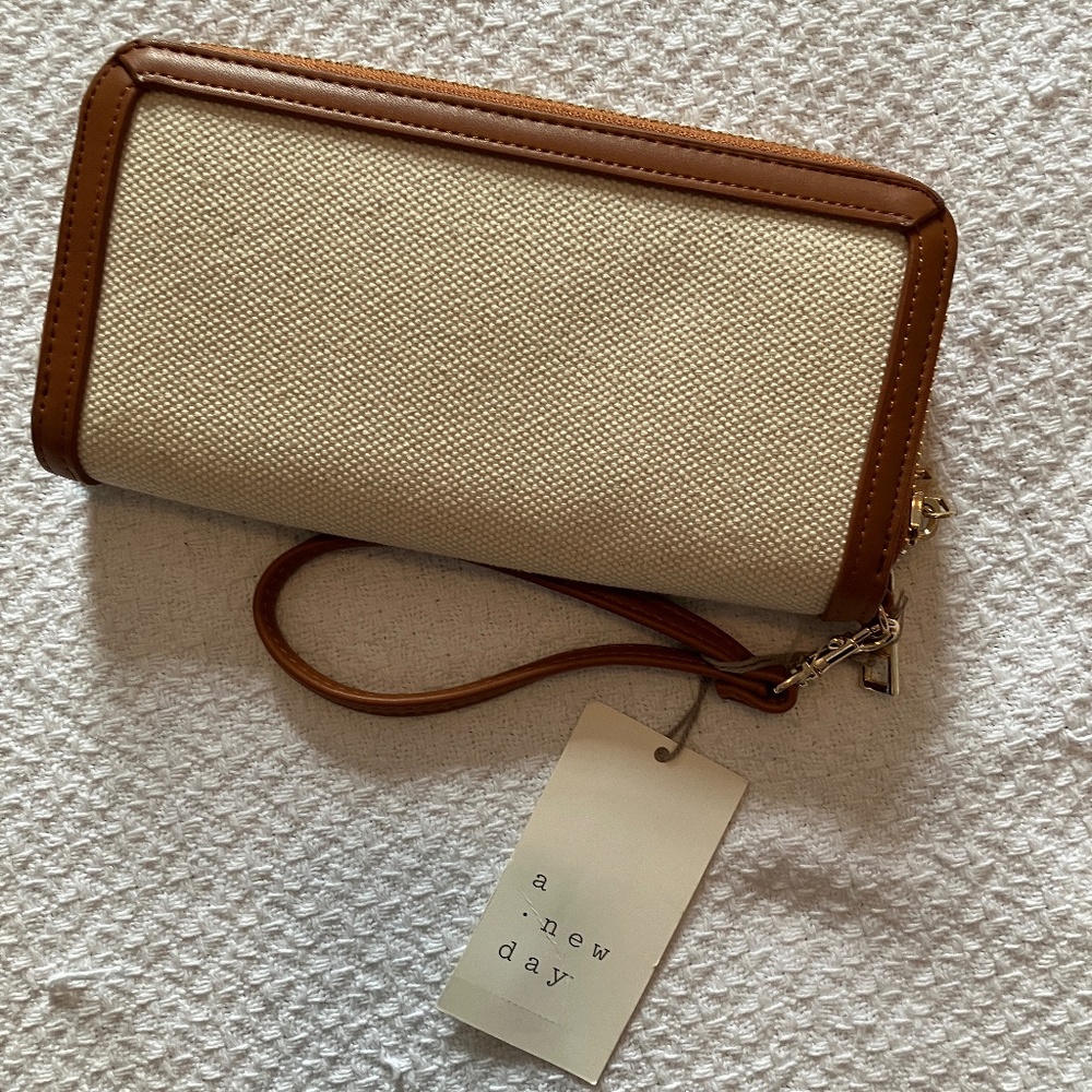 A New Day tan and khaki canvas wristlet/wallet